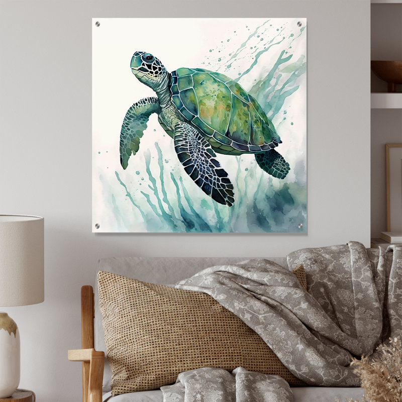 Aquarelle tortue nageant IV - art mural acrylique tortue pour le salon, H 16 po x l 16 po