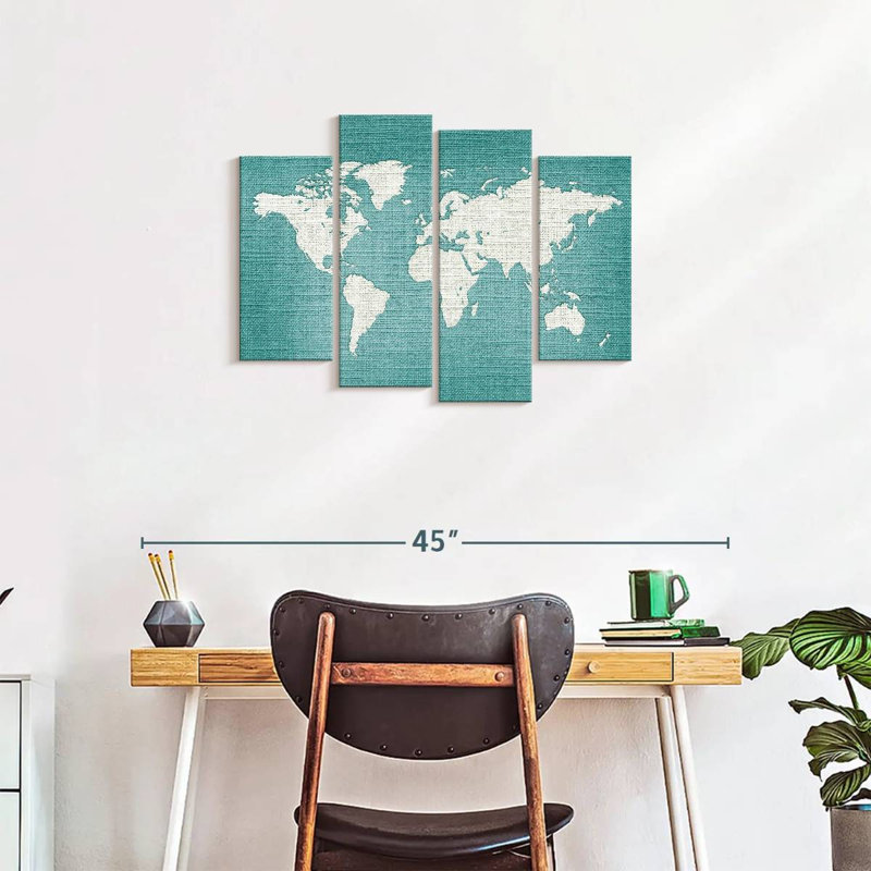 " Mint Linen World Map " by Globetrotter Studio 4 - Pieces, 36" H x 22" W x 1" D