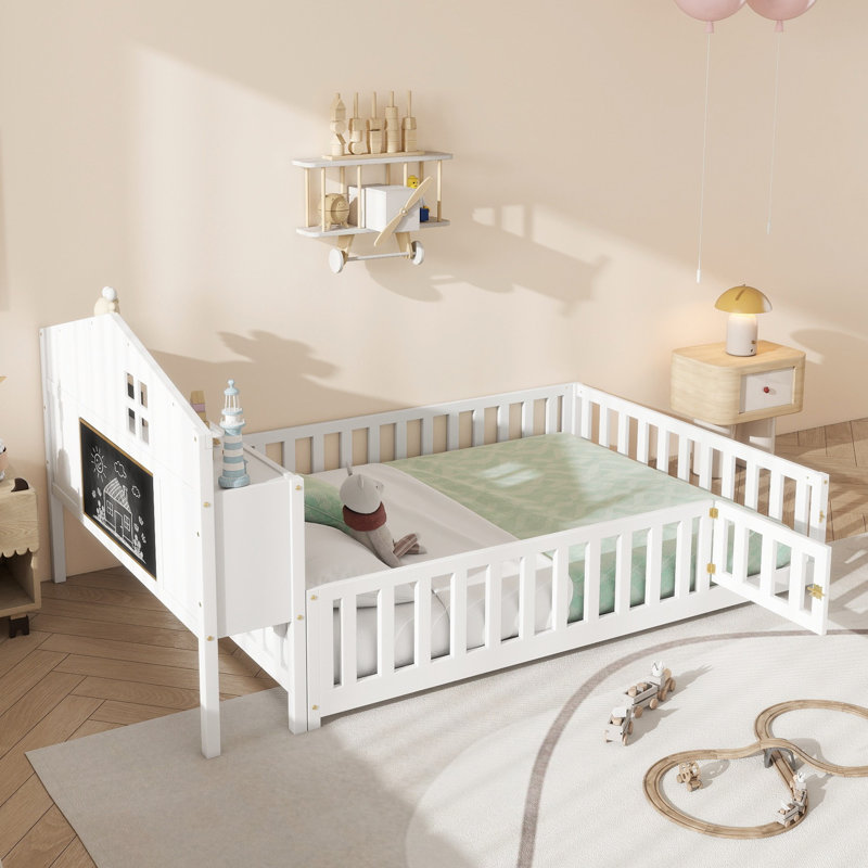 Nestor Montessori Floor Bed With Bookcase And Chalkboard, Plywood And Pine Wood, White