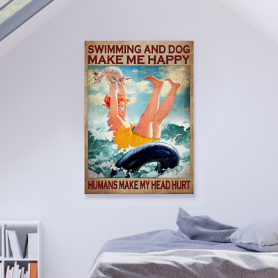 Fille qui nage avec son chien - «Natation et chien me rendent heureux», reproduction d'art graphique sur toile tendue