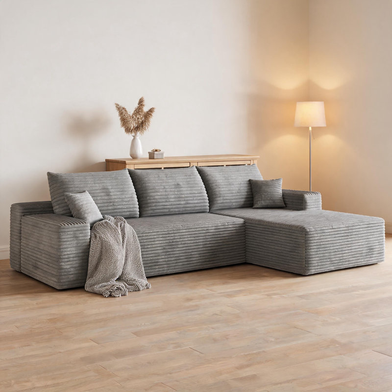 Canapé modulaire en L 107 po, velours côtelé moelleux, siège profond, sans assemblage requis, Gris, Orienté à droite