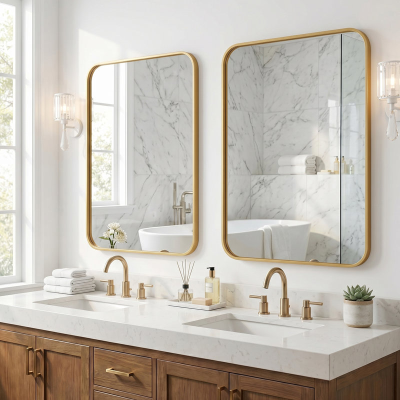 Ensemble de miroirs muraux modernes en verre trempé avec cadre en métal pour salle de bain, Or brossé, 30 po x 22 po 