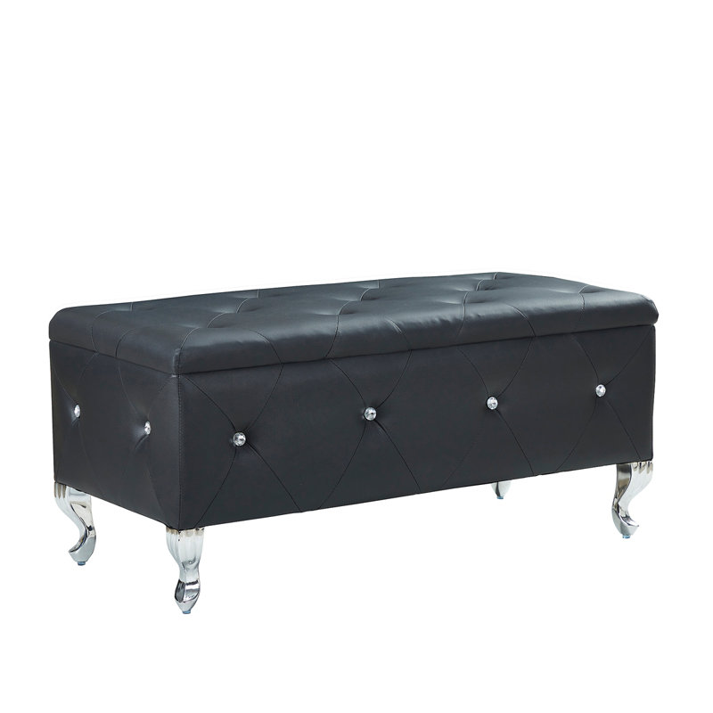 Juilianna Glam Modern Upholstered Storage Bench, Black Faux Leather