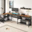 Bureau en U avec prises de courant et bande DEL-872626972