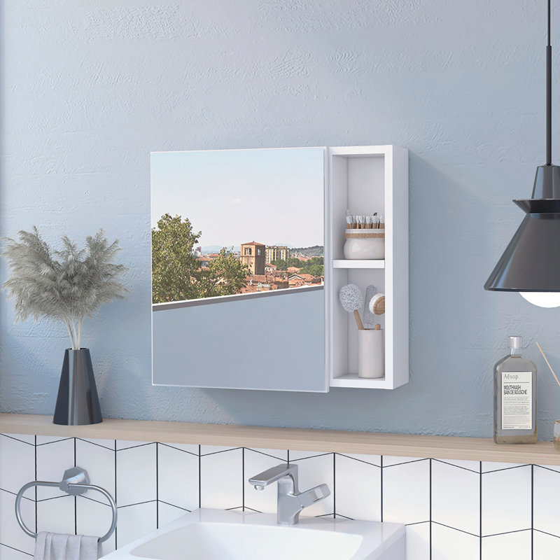 Pharmacie, trois tablettes internes, une porte, deux tablettes externes, Blanc