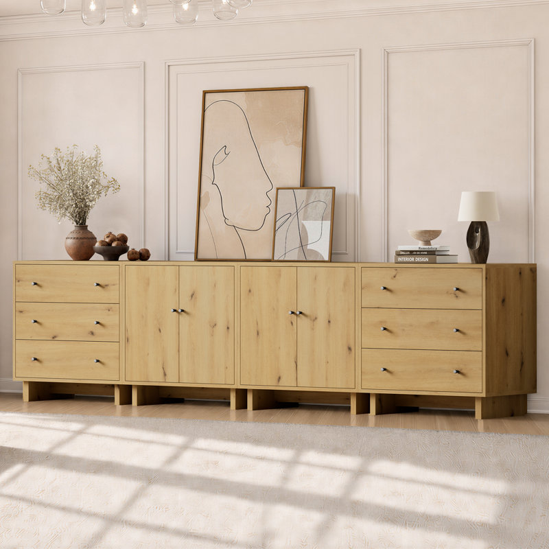 Ensemble de rangement modulaire Almaguer 4 pièces avec 6 tiroirs, 4 portes, tablettes réglables et fini chêne naturel.