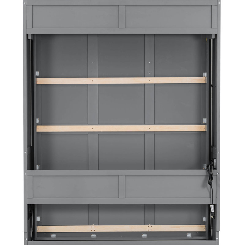 Grand lit avec bureau, lumières à DEL, station de charge - gris, mur peu encombrant pour les petites pièces, design moderne et contreplaqué, éclairage intégré gris facile à assembler, ports, bureau à domicile idéal ou invité