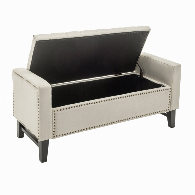 Banc de rangement en tissu Ashawni avec pieds en bois, Beige