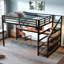 Grand lit mezzanine avec bureau et escalier de rangement, lits mezzanine en métal avec lumières DEL, ports USB, filets en fer multifonctionnels, aucune boîte à ressorts requise et silencieux, noir