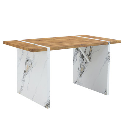 Natural Wood Grain MDF Dining Table - 55"X31.5" Stable Design.Suitable For Various Modern  Styles.Splicing Structure Design,Wood Textured Desktop,White Marble Patterned Table Legs.