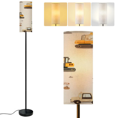  68.5" Standing Floor Lamp Hand drawn cute cars Truck tractor cargo crane bulldozer excavator Dimmable Metal Pole Lamp with Linen Lampshade LED Bulb Included