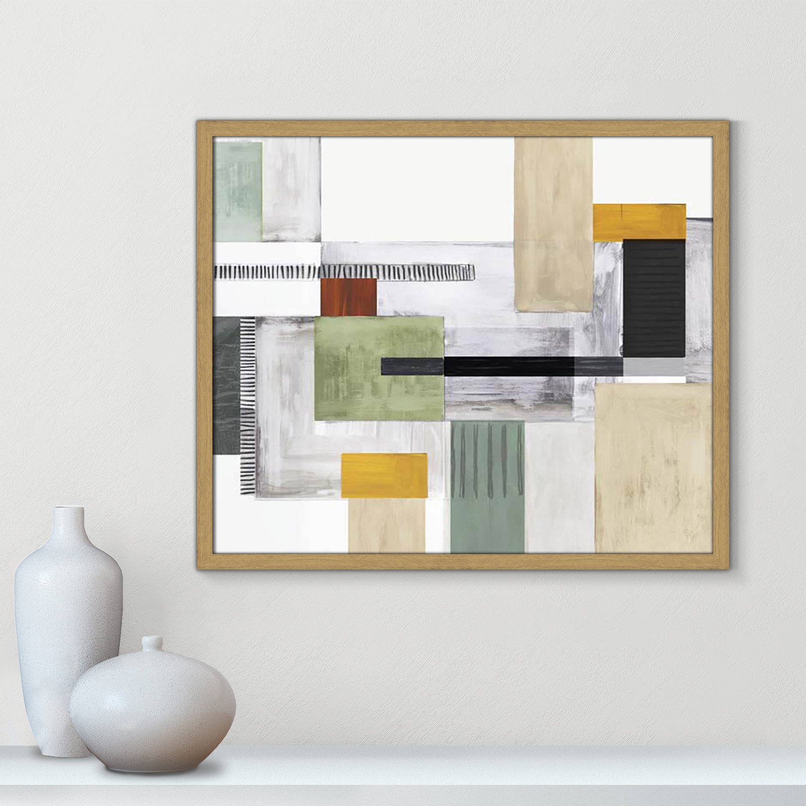 Playful Blocks Print by Tom Reeves, Natural Slim Picture Framed, No Mat, 21.5" H x 25.5" W x 0.75" D