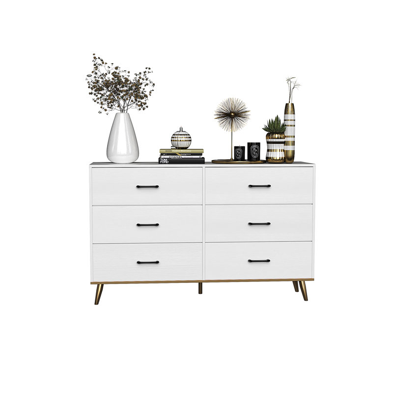 Teddy 6 Dresser, Chest of Drawers with Wide 52.37'', Easy-Pull Fabric & Wood Dressers with Top, White