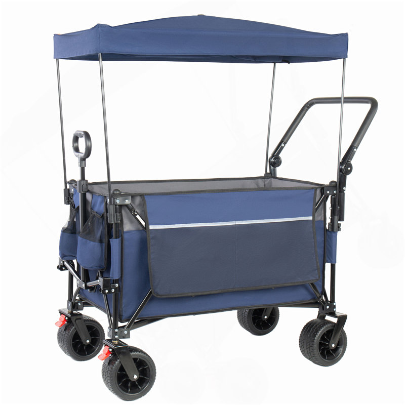 Chariot pliable multifonctionnel avec chariot pivotant et poussoir avec poignée rotative et auvent, roues et freins tout-terrain de 7 po x 4 po, capacité de charge de 480 lb, grande capacité de transport de 300 L, épicerie, utilisation à l'extérieur, bleu