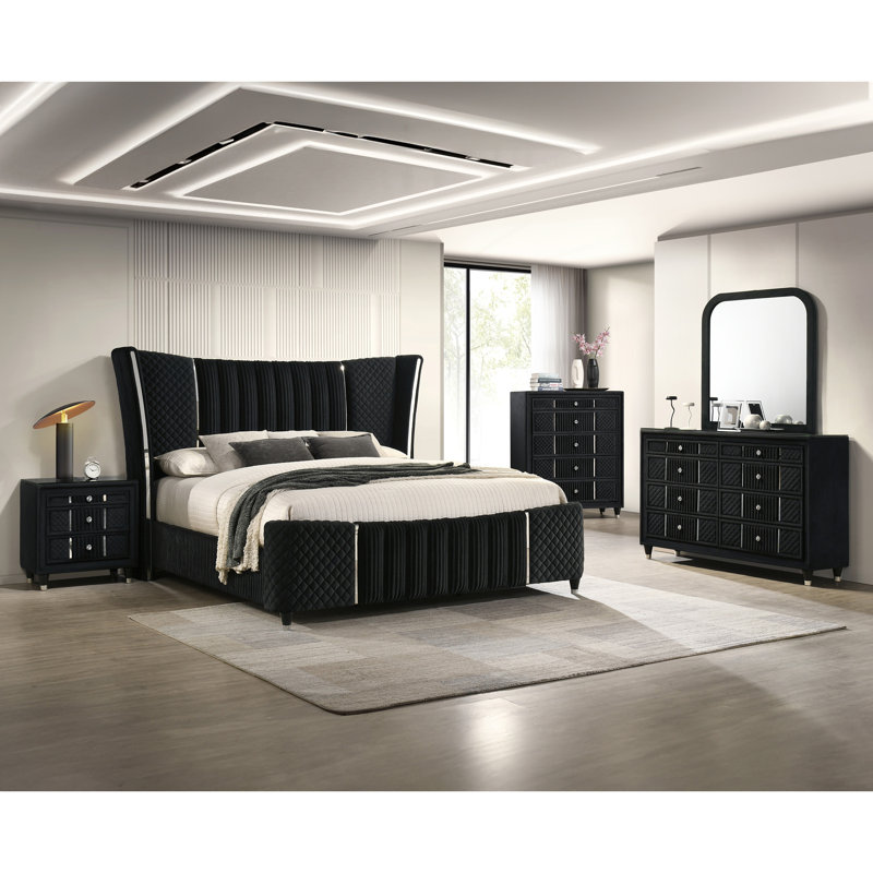 Commode contemporaine 1 pièce en velours noir avec revêtement texturé luxueux