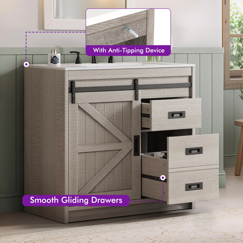 36" Farmhouse Single Sink Bathroom Vanity, Gray, Gray, 36"