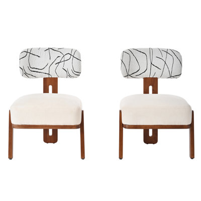 2PCS Modern Accent Chairs, Rubber Wood Frame Upholstered Dining Chair, Cream Beige Seat with Abstract Line Light Gray Backrest, Dark Brown Solid Wood