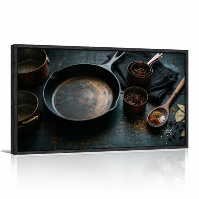 Cast Iron Skillet and Spices in Copper Cups on Dark Wood Canvas Wall Art