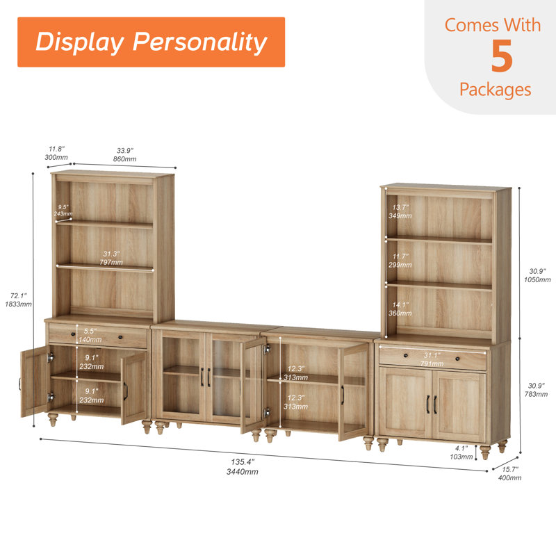 Corretta 135.4" W Solid and Manufactured Wood Entertainment Center, Oak
