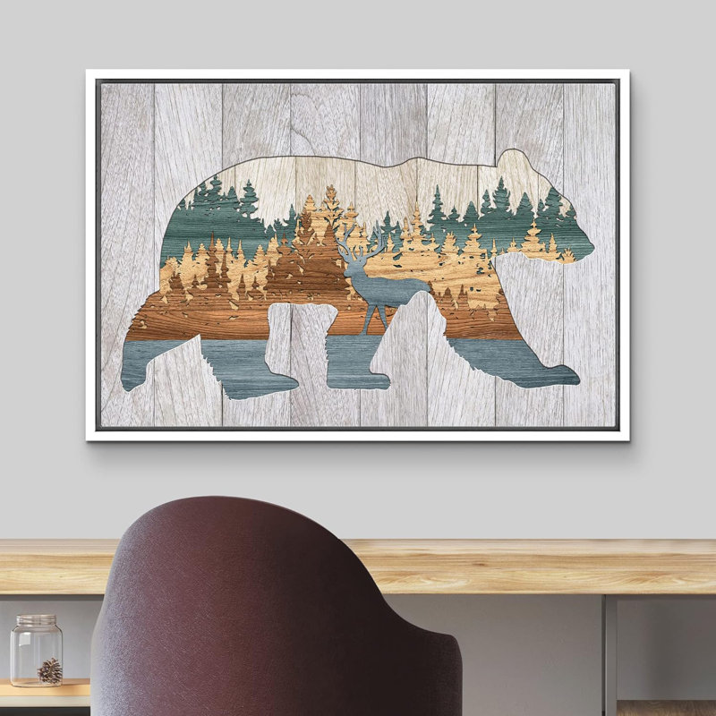 «Western Wood Effect Landscape Bear Pine Tree Mountain Vista Nature», reproduction sur toile, H 24 po x l 36 po x P 1,5 po