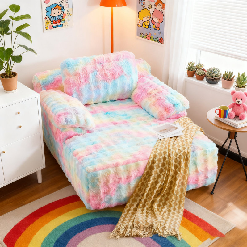 Boneless Velvet Oversized Chaise Lounge Sleeper Sofa, Rainbow