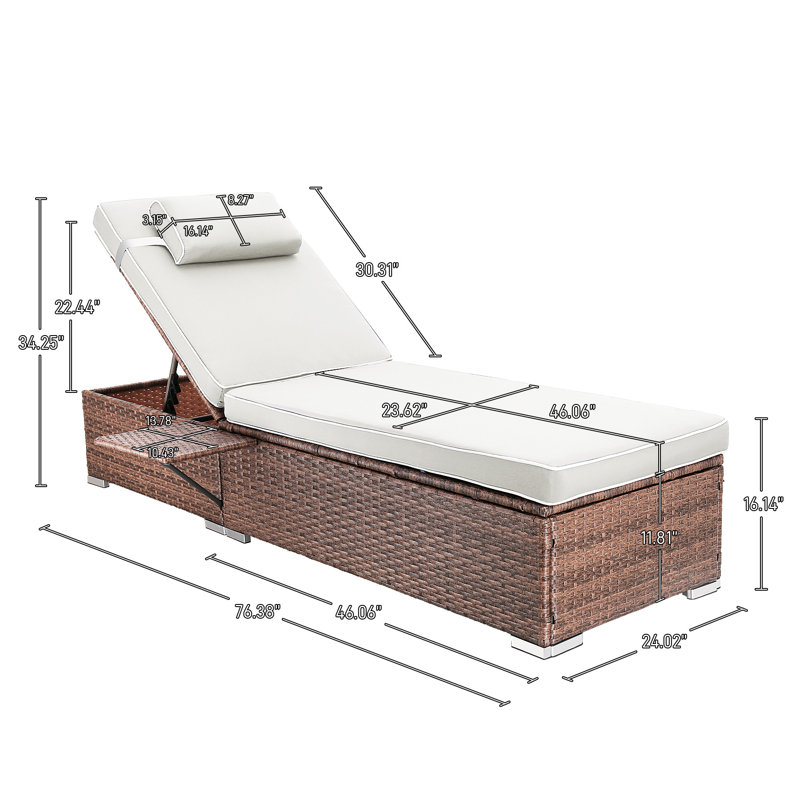Outdoor Wicker Chaise Lounge Set Patio Reclining Chaise With Side Table And Cushions, Beige