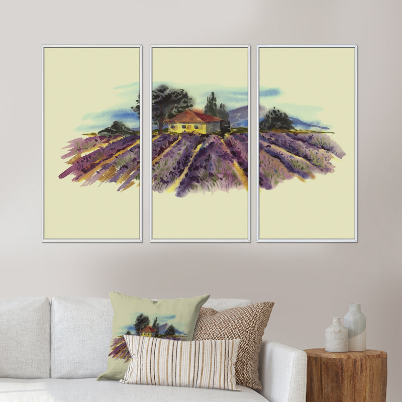 Paysage de printemps avec lavande en fleurs - ensemble d'art mural sur toile encadré champêtre, H 32 po x l 48 po x P 1 po