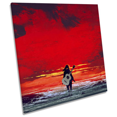 Z0033 Guitar Sea Sunset - Wrapped Canvas Painting