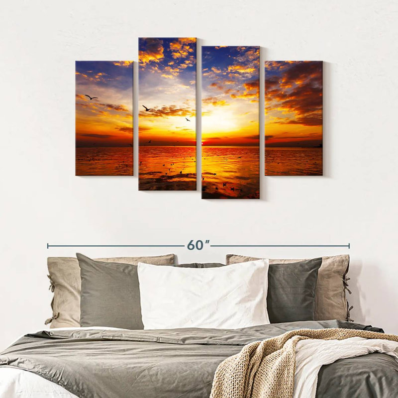 Ciel coucher de soleil 4 pièces, H 32 po x l 52 po x P 1,25 po
