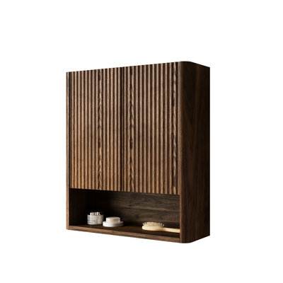 26" Dark Walnut Cabinet With Doors And Shelf, Solid Wood Door Panels, Grille Design, System, Ample Storage Space, Plywood, Easy To Install Striped For Bathroom, Kitchen, Laundry Room, , Mechanism
