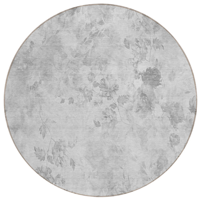 Tapis d'intérieur rond lavable floral gris anthracite et argent 8 pi