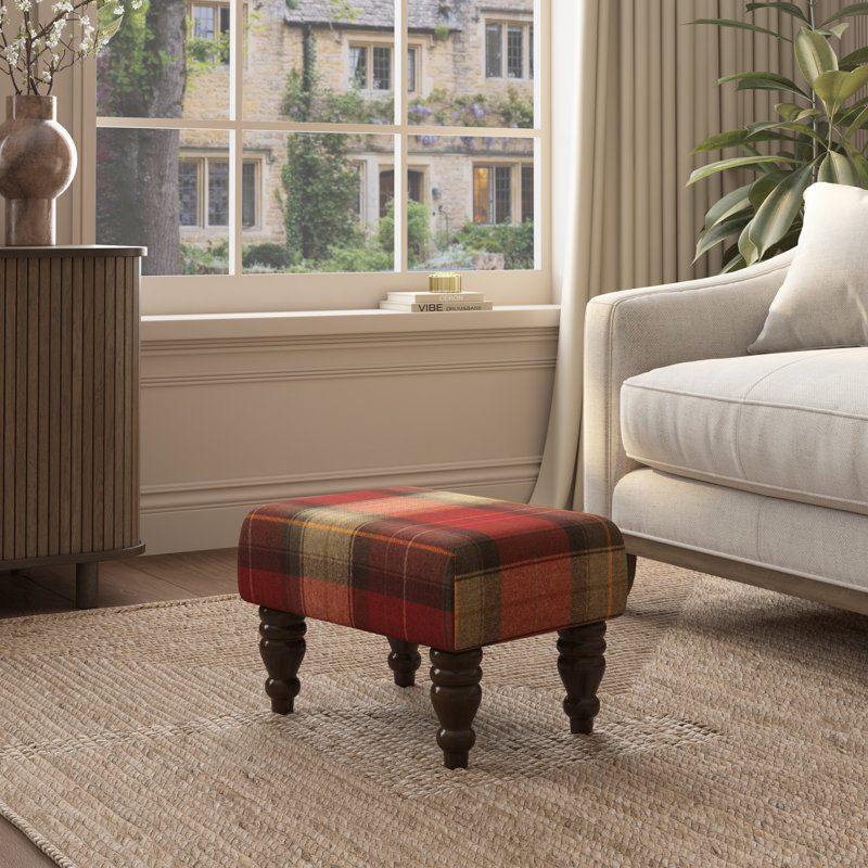 Tartan Material Large Footstools Tartan - Claret Red - Wood Turned Leg, Mahogany