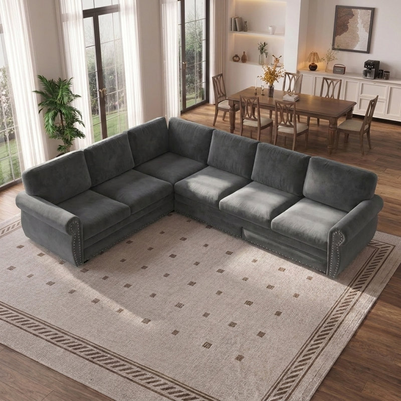 Canapé-lit modulaire en forme de L de 118 po avec lit escamotable, garniture cloutée et accoudoirs roulés de 118 po