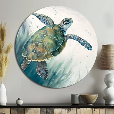 Aquarelle de tortue nageant I - animaux, art en métal rond