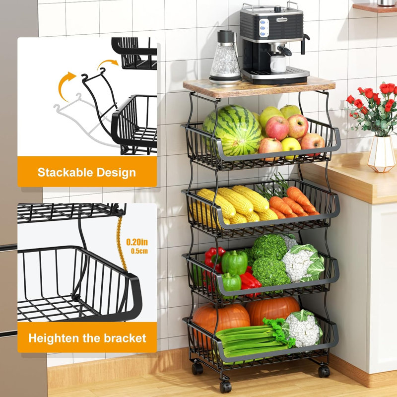 5 Tier Fruit and Vegetable Basket for Kitchen with Wheels | Stackable Fruit Vegetable Storage Baskets
