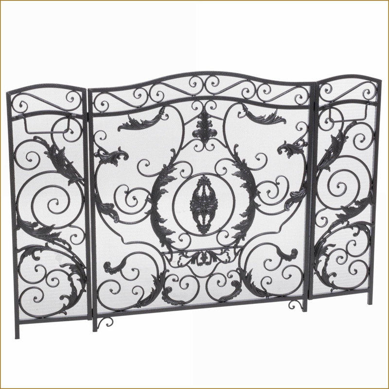 Fireplace Screen Traditional Iron Brushed Silver 3-Panel Foldable 53.5”W x 36.5”H | Black+Silver | Iron, Black/Silver