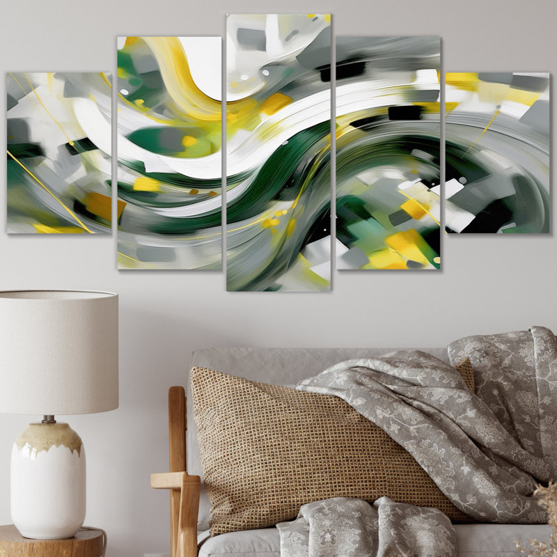 «Yellow and Green Abstracted Perspectives I», reproduction d'art sur toile abstraite - 5 panneaux
