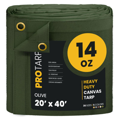 PROTARP Heavy Duty 14 OZ Water Resistant Canvas Tarp, UV Resistant Tarpaulin Cover with Rustproof Brass Grommets, Multipurpose for Canopy, Roof, Camping, Woodpile . (Olive )
