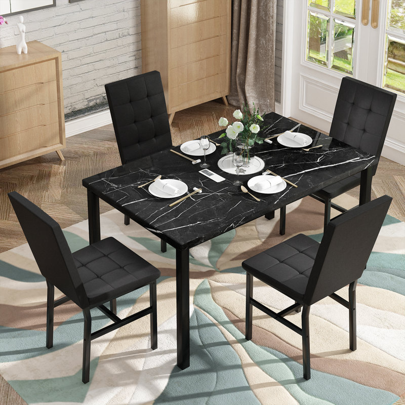 4-Person Dining Table And Chair Set, Dining Table And Chair 5-Piece Set, Diamond Leather Seats For Dining Room,, Black