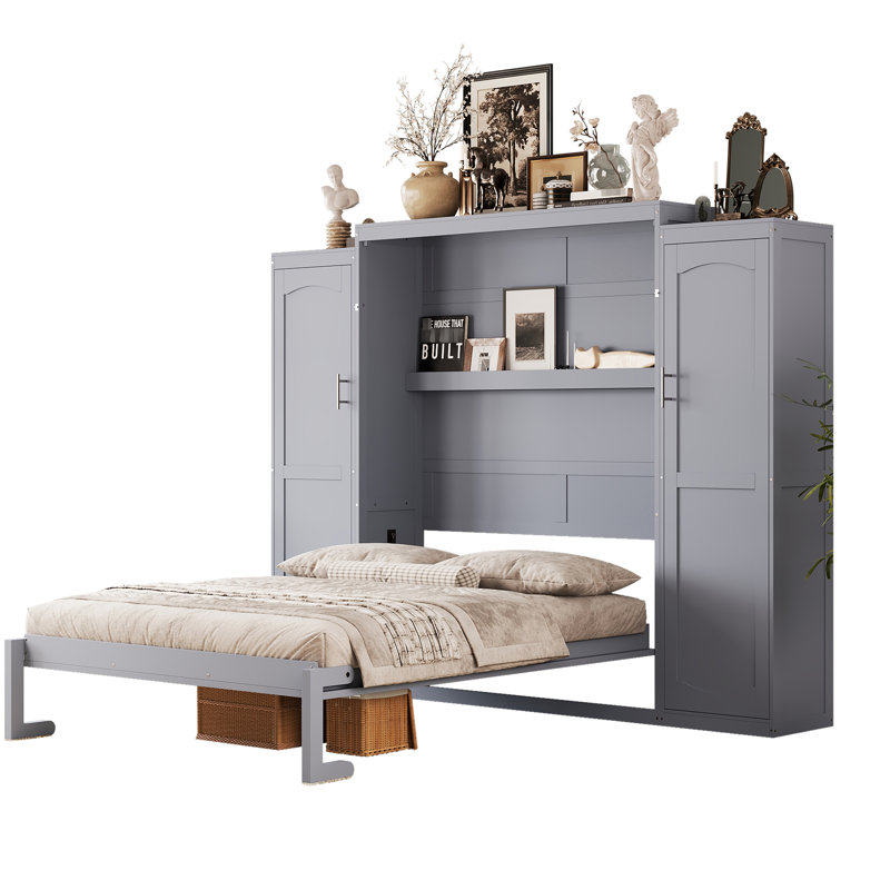 Lit double de couleur grise, cadre de lit pliable multifonctionnel avec 2 armoires, idéal pour les petits espaces et les chambres d'amis, matériau en bois de pin