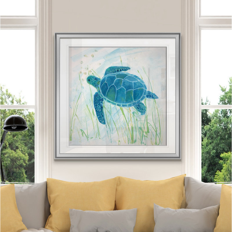 « récif tortue ii », peinture, H 16 po x l 16 po x P 1,5 po, Encadrement argenté