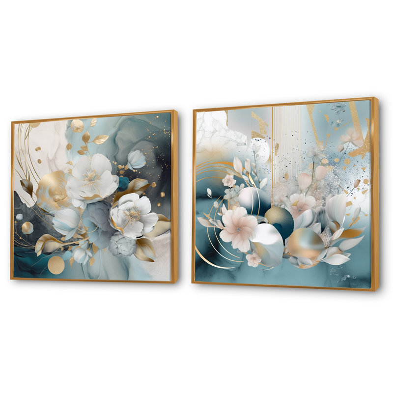 Blue Marble Gold Floral Impressions - Ensemble de 2 collages floraux carrés, Cadre flottant doré, H 36 po x l 73 po