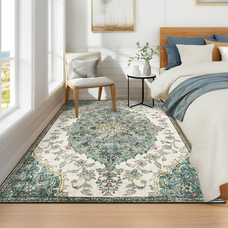 Vintage Machine Washable Bedroom Rug, Non-Slip Non-Shedding Low-Pile Dining Room Rug, Soft Rug for Living Room