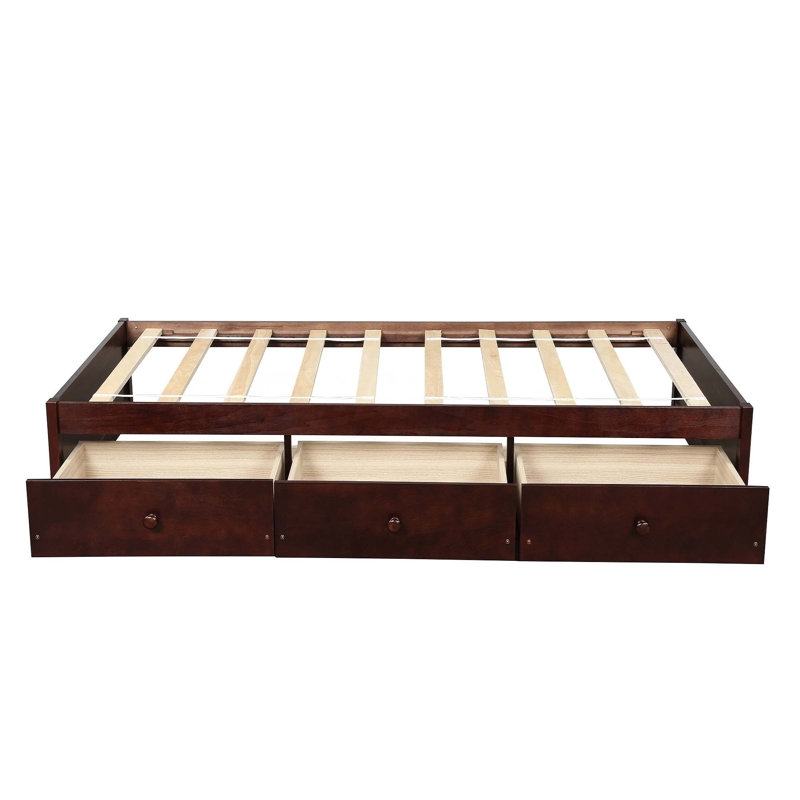 Lit plateforme simple avec rangement en bois massif Jacob-James, Brun cerise
