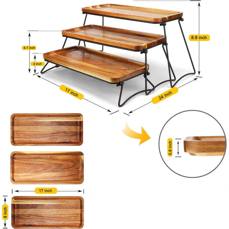 Acacia Wood 3-Tier Serving Tray with Metal Stand