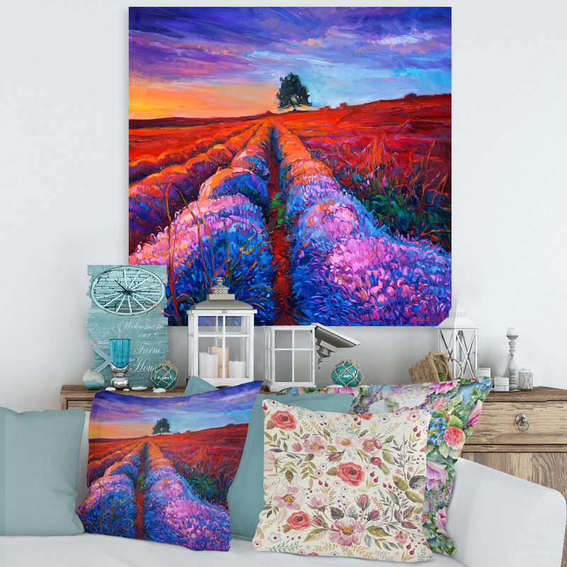 Champ de lavande avec arbre lointain et lueur du soir - Peinture sur toile, H 16 po x l 16 po x P 1 po, Toile tendue