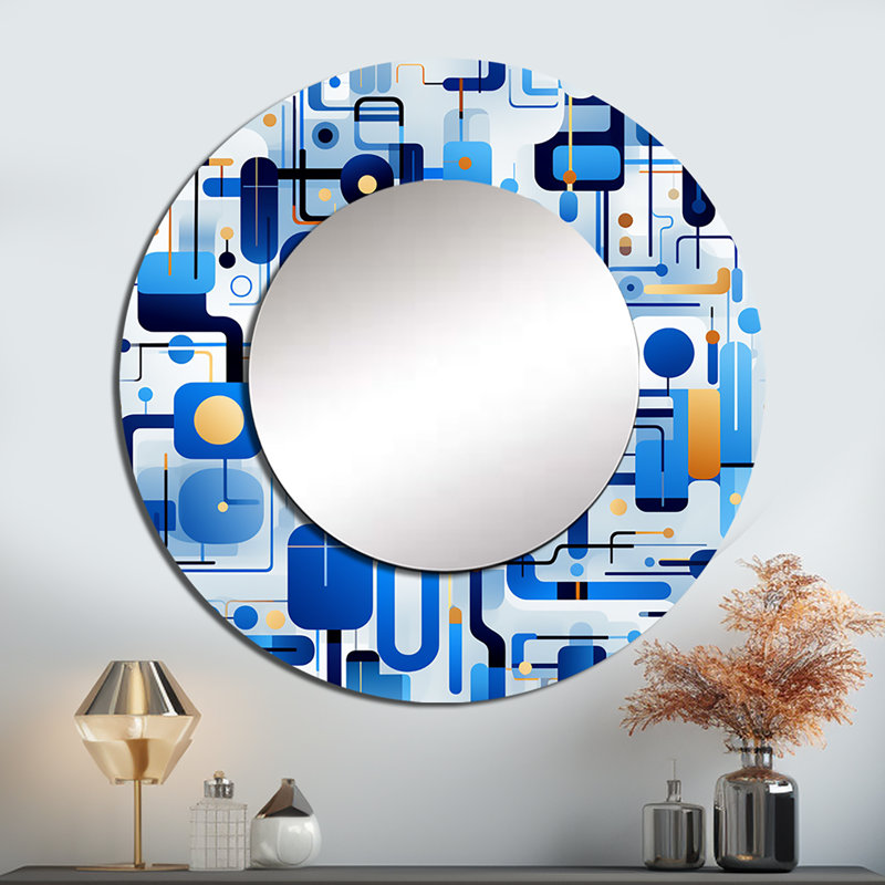 Cobalt bleu et blanc grille géométrique - miroir mural géométrique, miroir décoratif rond bleu, impression d'art en métal