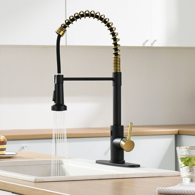 Robinet de cuisine sans contact avec douchette rétractable - Mains automatiques Smart, noir et or, contemporain, acier inoxydable, remplissage en céramique Smart Touchless