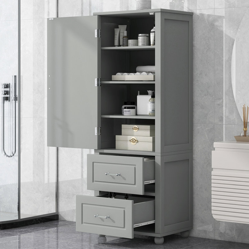 Tall Bathroom Storage Cabinet, Freestanding Storage Cabinet With Two Drawers And Adjustable Shelf, Mdf Board With Painted Finish, Grey