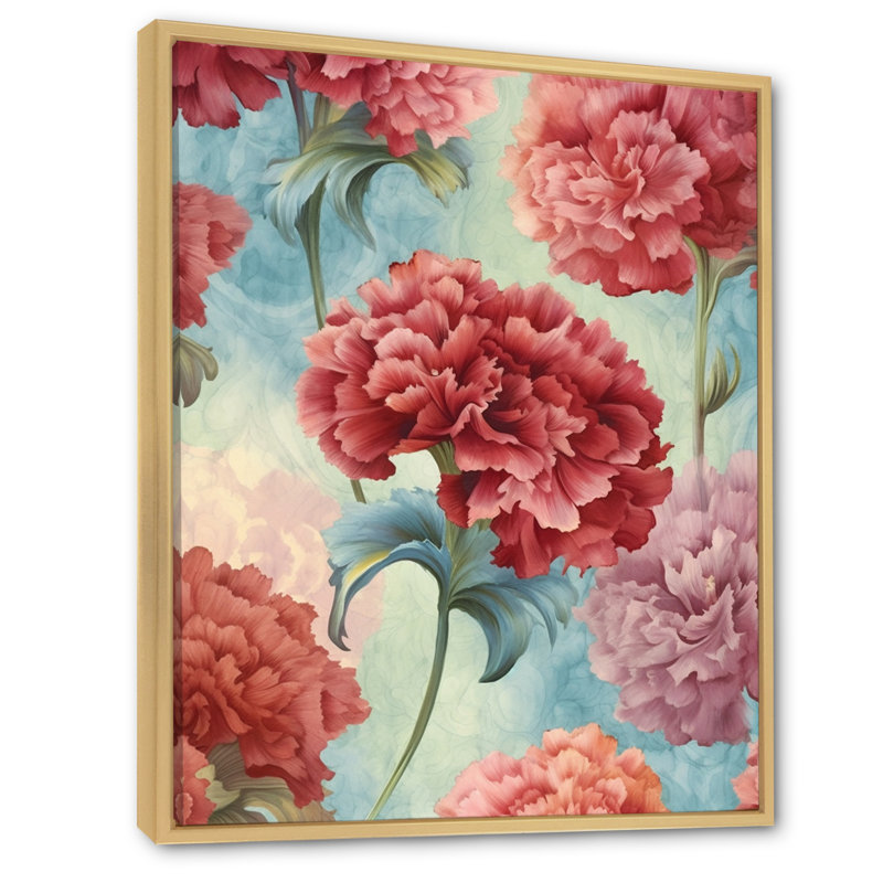 Harmonie des œillets rouges sur toile, H 44 po x l 34 po x P 1,5 po, Cadre naturel flottant